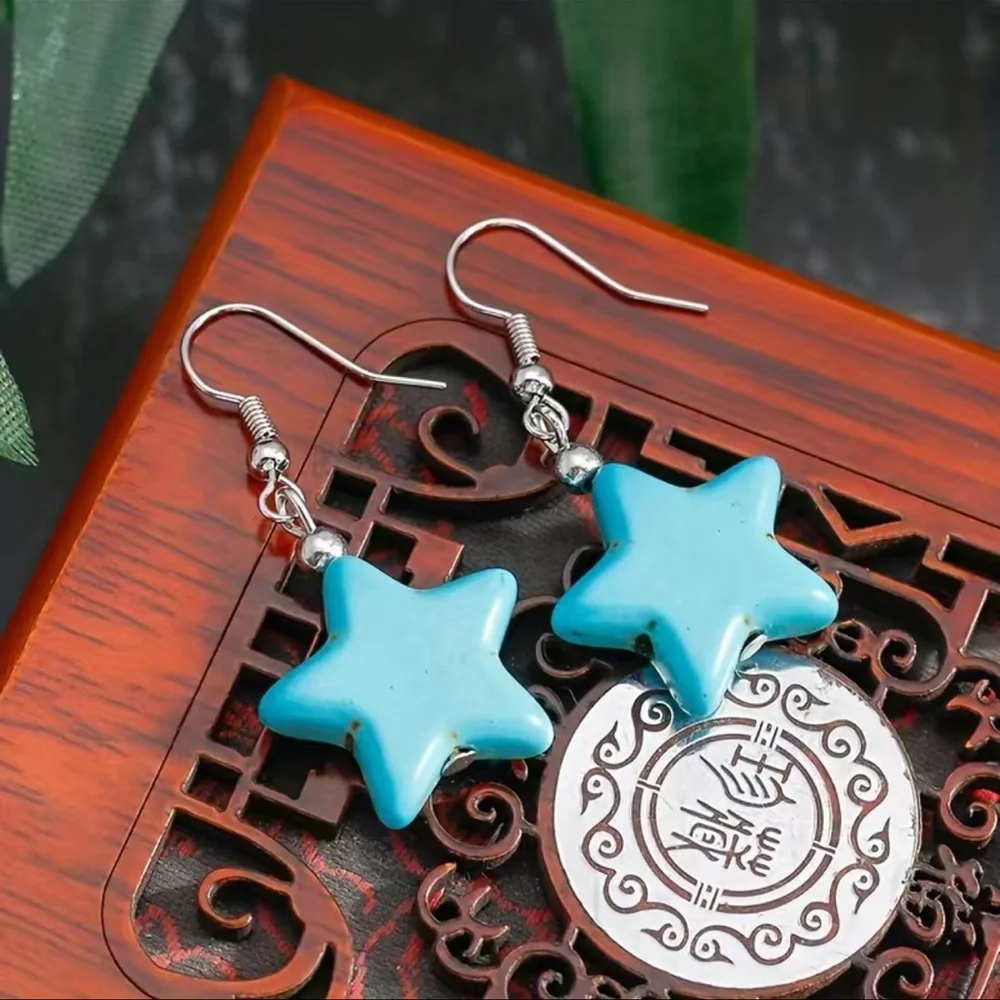 New Handmade S925 Sterling Silver Boheme Natural Turquoise Carved Star Earrings